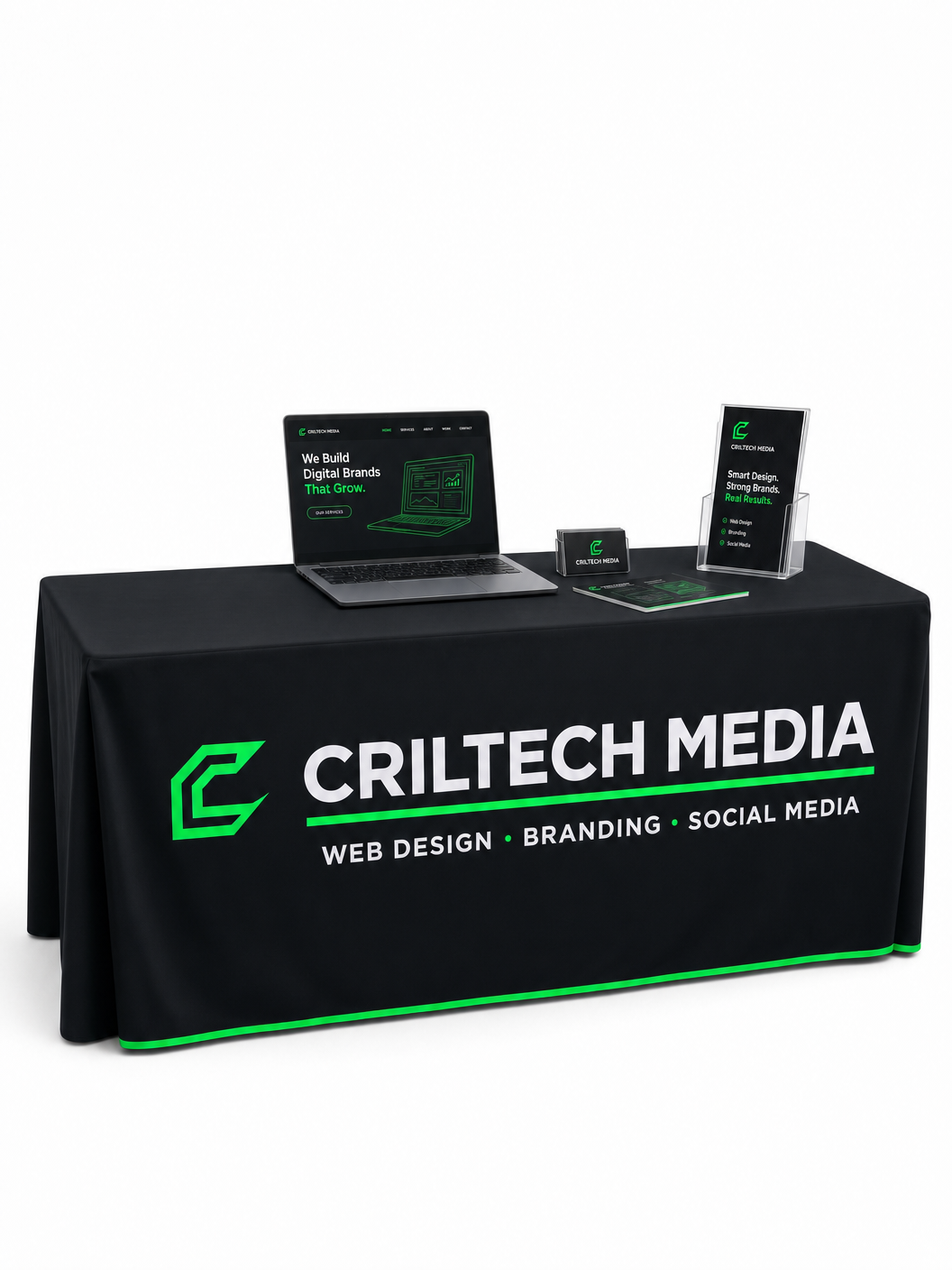 Criltech Media branded table cover and event stand setup
